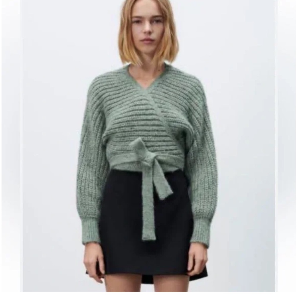 Zara Sage Green Wrap Knit Cardigan with Tie